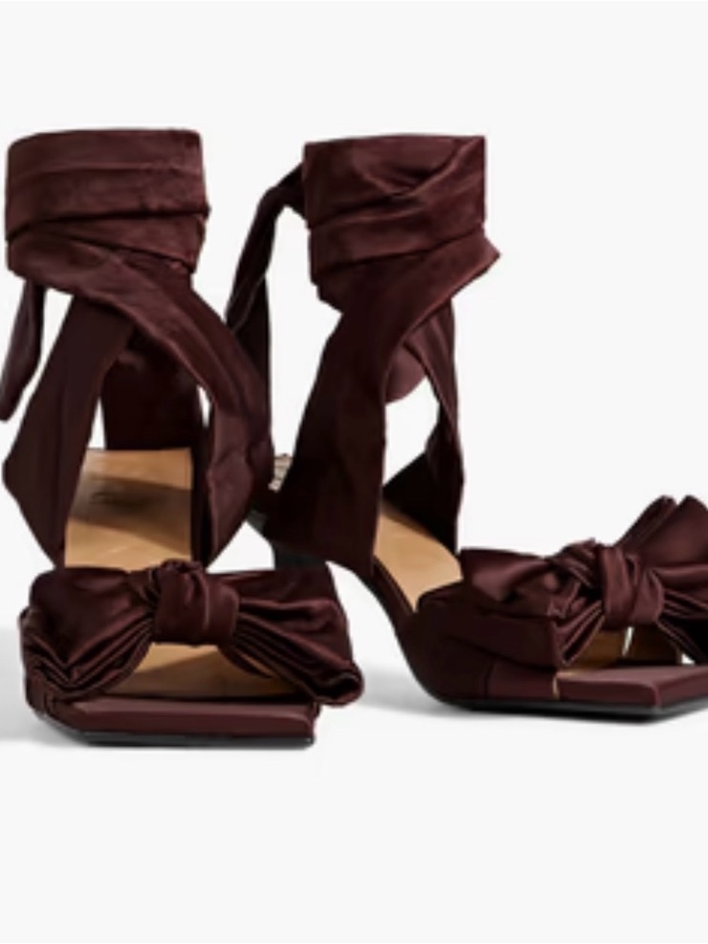 Ganni Satin Knot Wrap Heels in Deep Burgundy